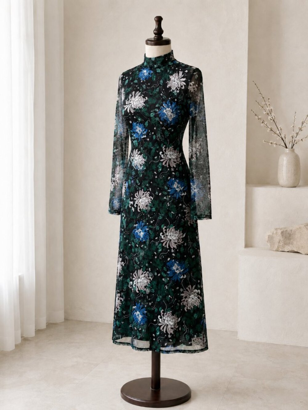 Dylan Ryan Dress Women XL Navy Floral Mesh Mock Neck Midi EJ661EB03MC NWT